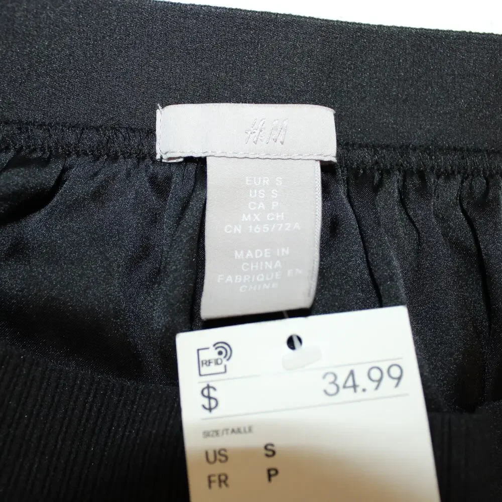 H&M Women's Black Pleated Lined Midi Skirt Elastic Waist Lined Size Small NWT